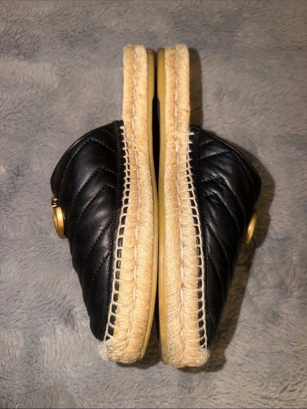 Preloved Gucci Black Quilted Leather Espadrille Mules with Gold GG size38